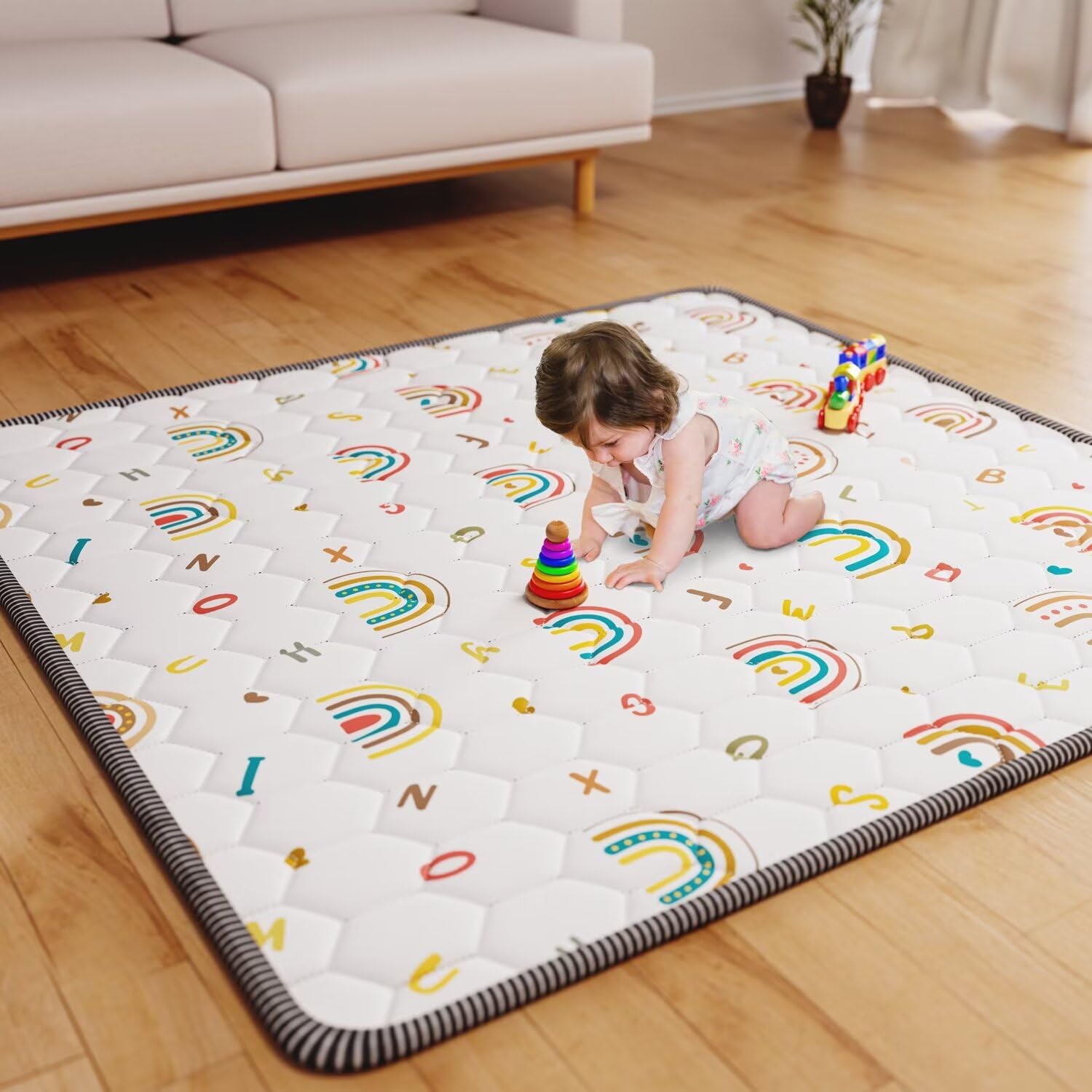Tapete de juego bohemio para bebé, de 50 x 50 pulgadas, tapete grueso para el suelo del bebé, tapete antideslizante acolchado para gatear, tapete de