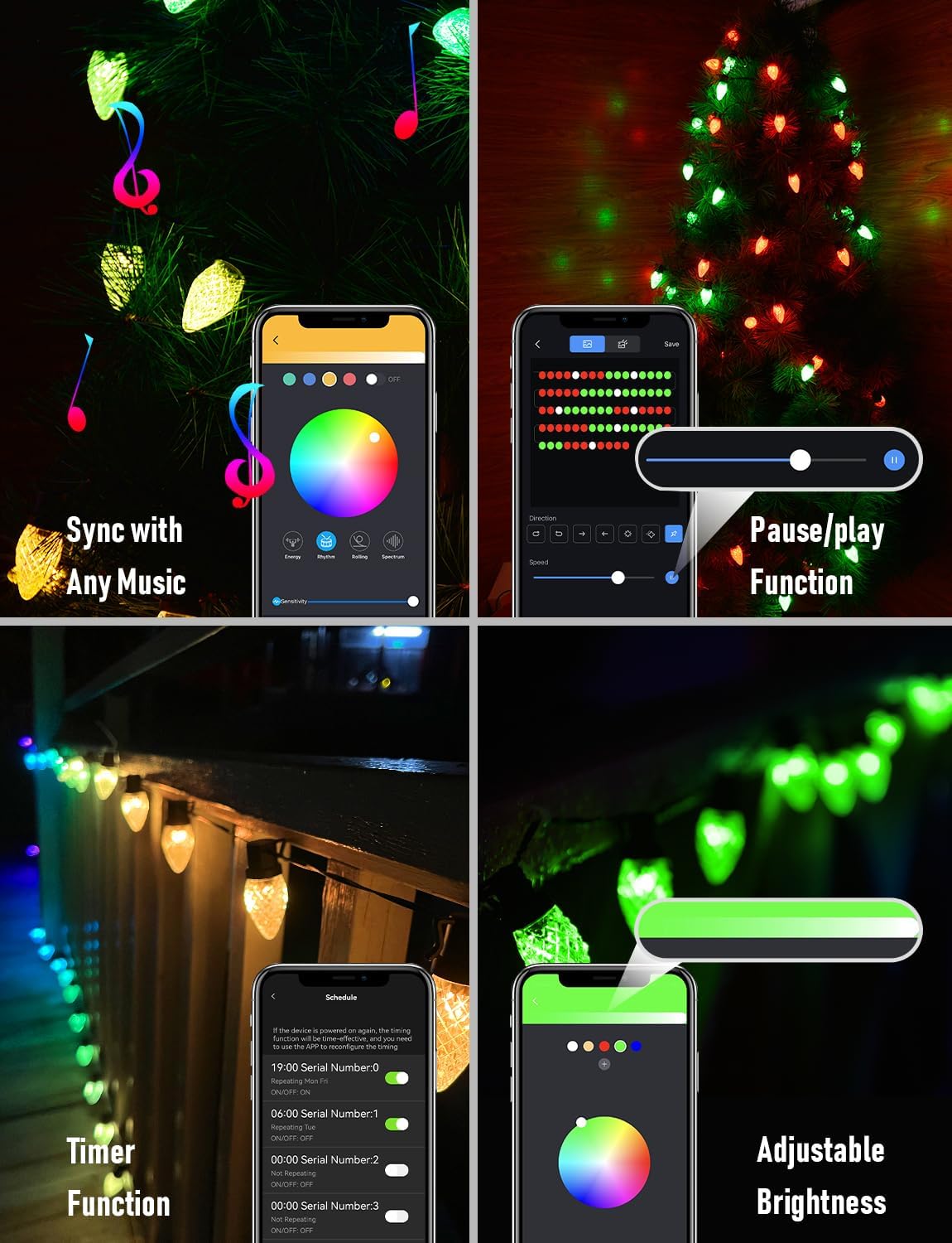 Luces de Navidad C9, pantalla personalizada, 32.8 pies, 50 LED, controlada por aplicación, cambio de color, control de grupo, luces al aire libre,