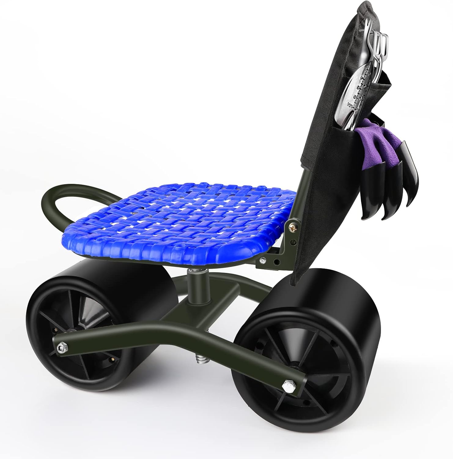 i COVER Taburete rodante de jardín con 2 ruedas y bolsa de herramientas, carrito estable y resistente, altura ajustable del asiento y dirección para