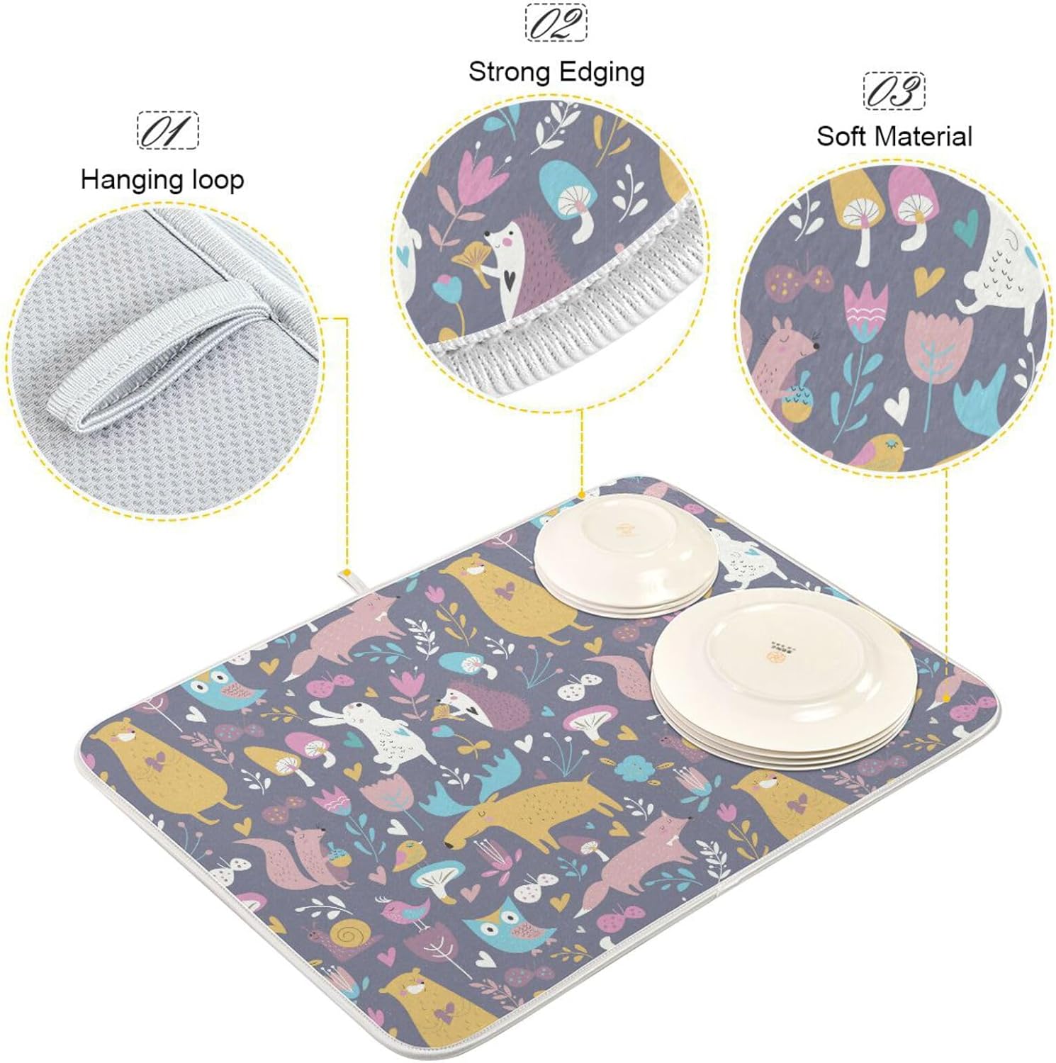 Cute Forest Animals Drying Dish Mat Washnable Absorbent Dish Draining Mat For Kitchen Counter Dish Drainer Pads Tapete Para Cocina 16” x 18”
