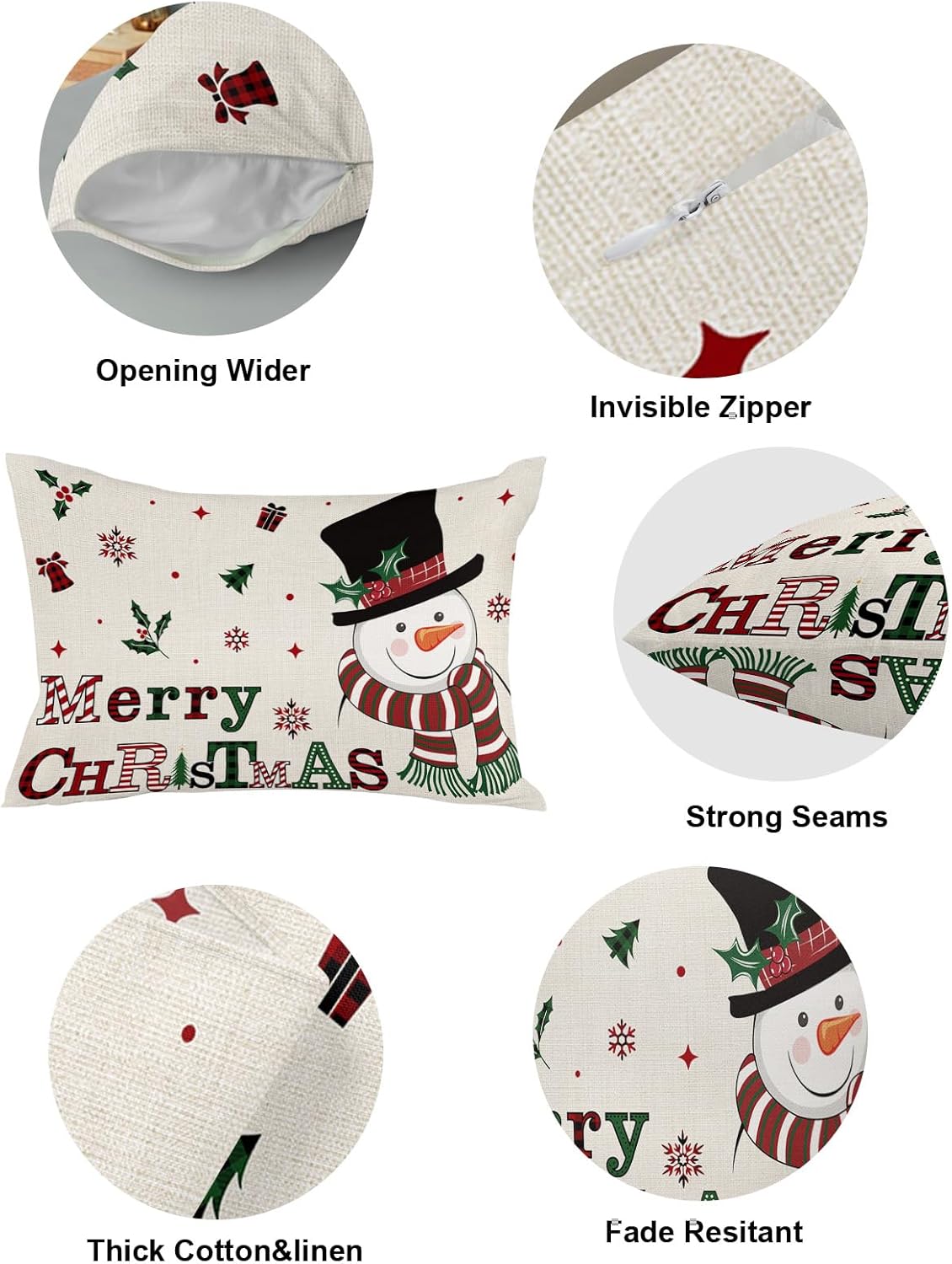 Juego de 2 fundas de almohada de lino con diseño de muñeco de nieve, árbol de Navidad, copos de nieve, rústicas, de 12 x 20 pulgadas, fundas de