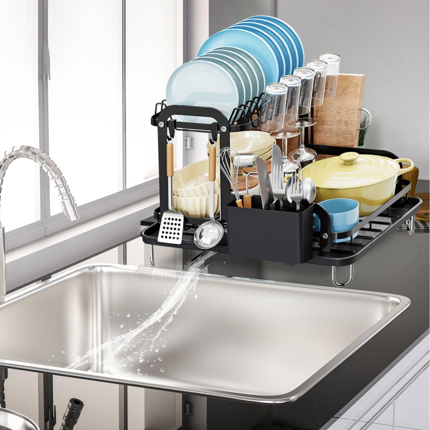 Escurridor de platos para encimera de cocina, escurridor de platos de 2 niveles con escurridor desmontable, juego organizador de escurridor a prueba