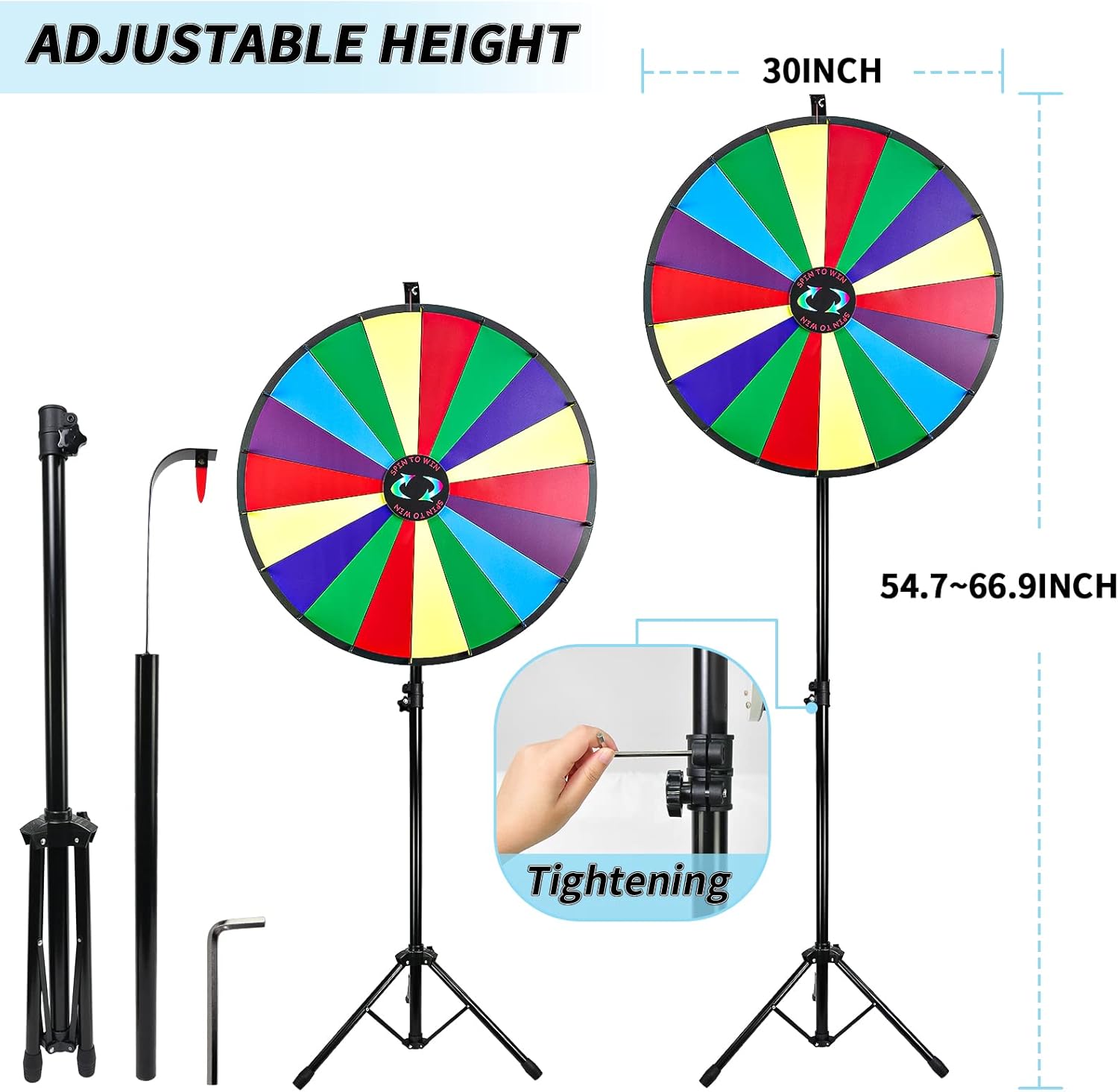 iElyiEsy Rueda giratoria de 30 pulgadas de la fortuna con trípode plegable, altura ajustable, rueda giratoria de 18 ranuras con rotulador y borrador
