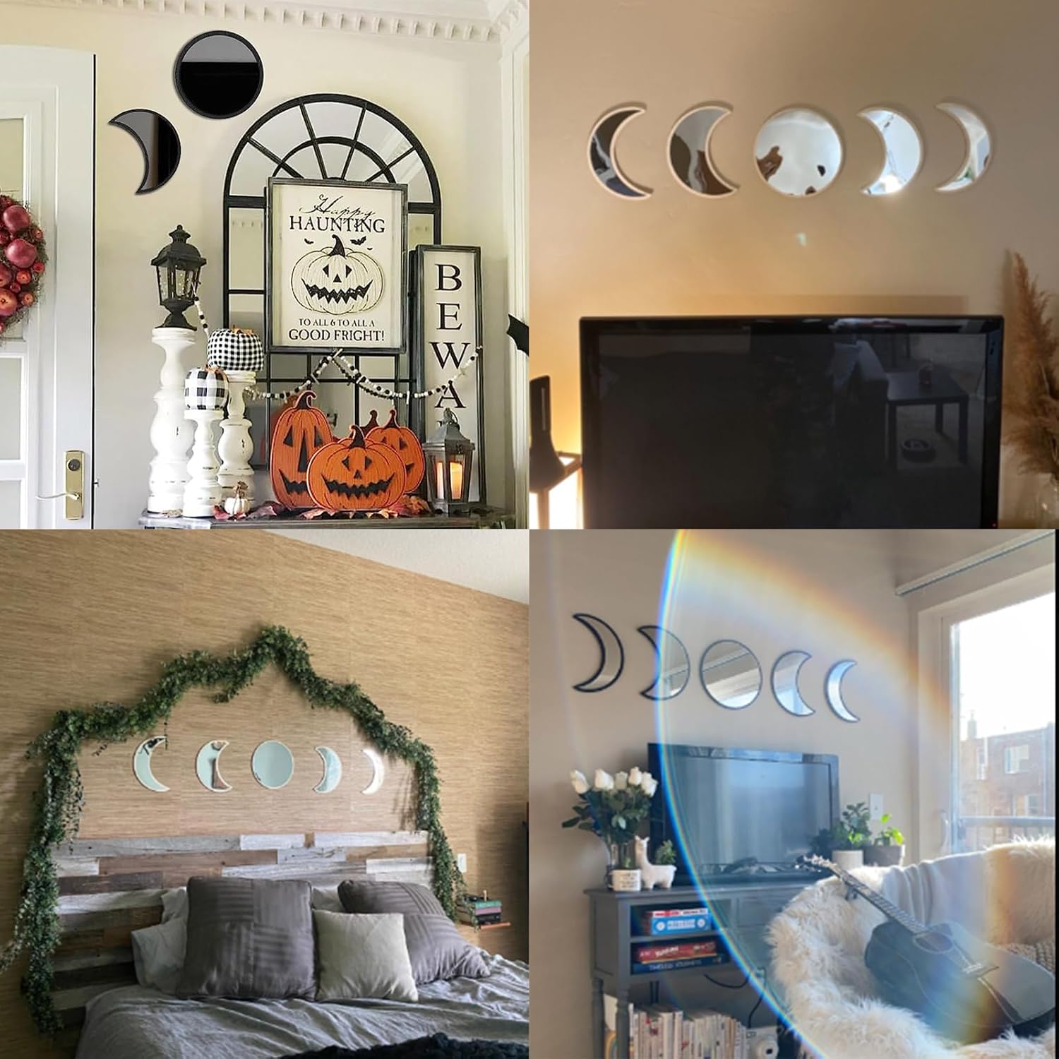 Kondec Juego de 5 espejos de fase lunar espejo escandinavo natural para decoración de pared, espejo estético de decoración bohemia para sala de