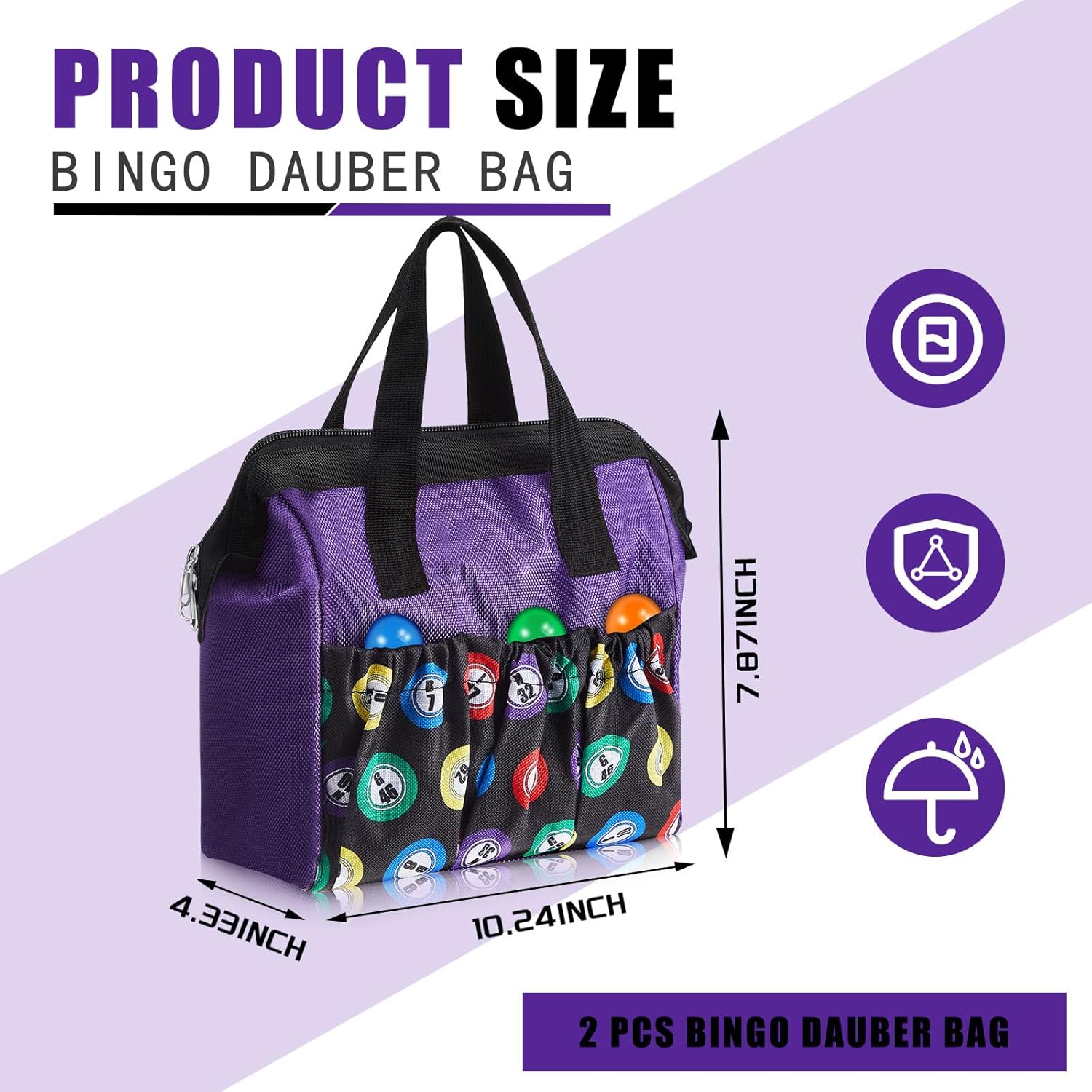 Bolsa de bingo Dauber de 2 piezas, bolsa de bingo con asa y cremallera, con 6 bolsillos externos y 3 bolsillos internos para salir (color morado)