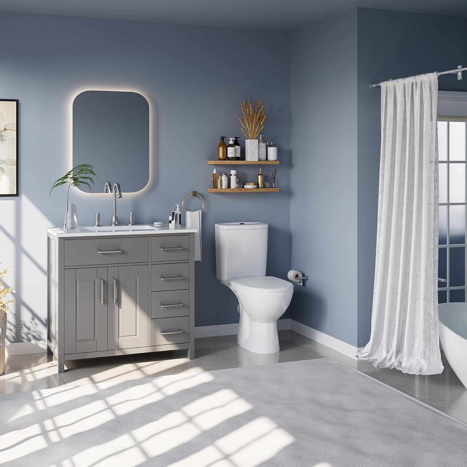 Combinación de tocador de baño de 36 pulgadas con lavabo, moderno juego de gabinete de baño individual pequeño con montaje inferior, incluye