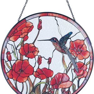 Atrapasoles de colibrí con vitrales, diseño original de 7.8 pulgadas, adorno de amapolas rojas de colibrí para atrapasoles para ventana interior Atrapasoles de colibrí con vitrales, diseño original de 7.8 pulgadas, adorno de amapolas rojas de colibrí para atrapasoles para ventana interior