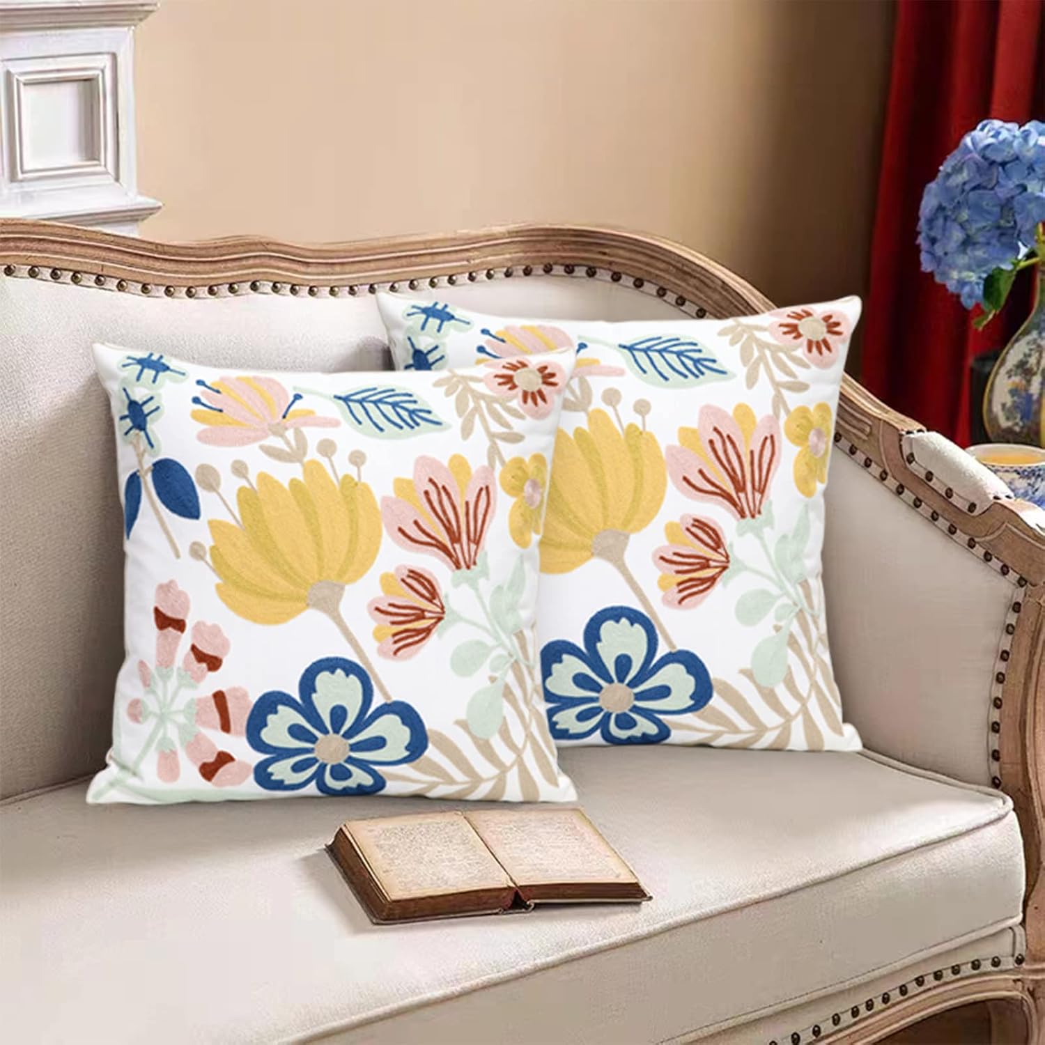 Pilmandu Paquete de 2 fundas de almohada decorativas bordadas de 18 x 18 pulgadas, fundas de almohada florales de granja para sala de estar, sofá