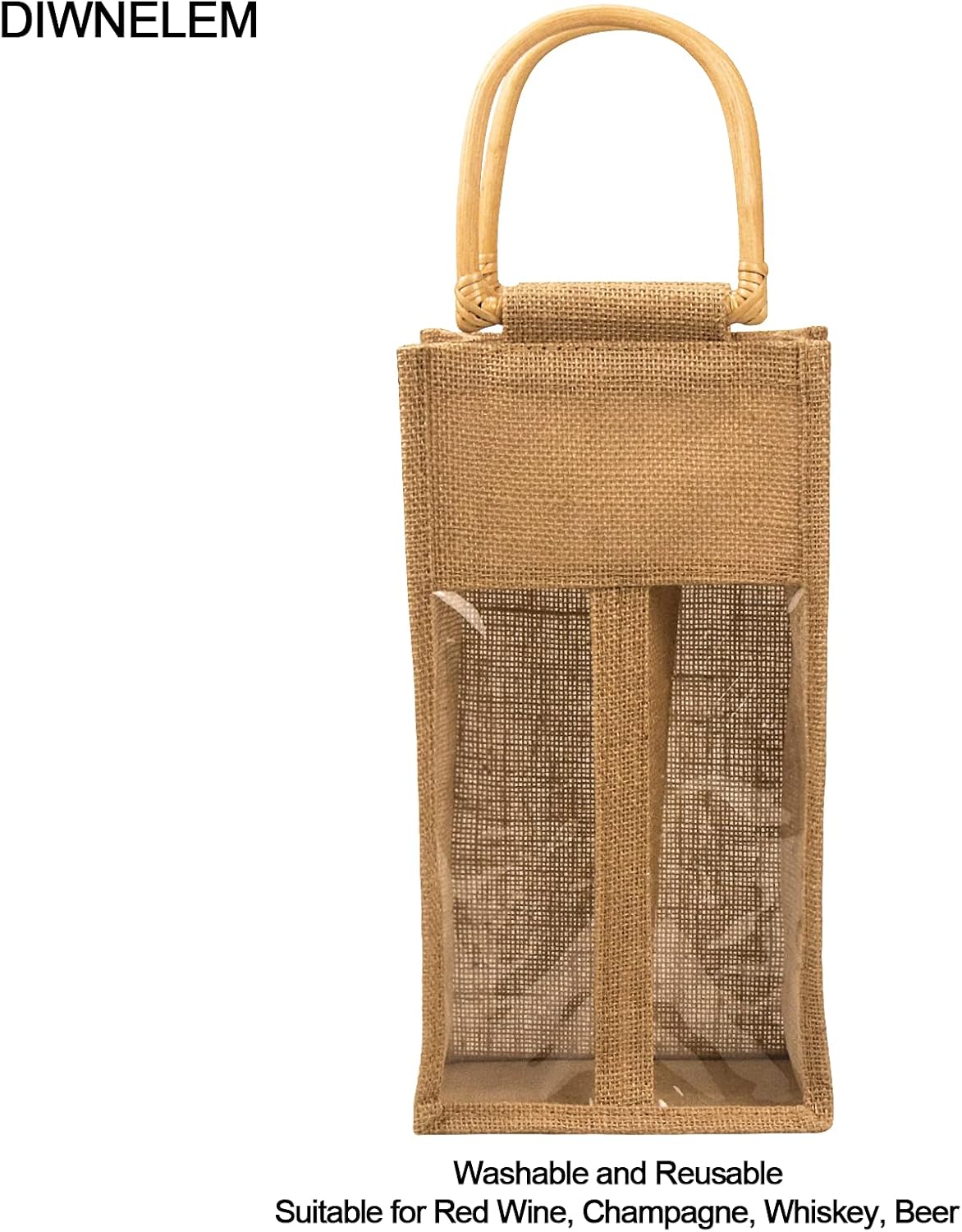 DIWNELEM Paquete de 2 bolsas de regalo de vino de arpillera con ventana, bolsas de vino de yute con calcomanías, bolsas de arpillera para botellas