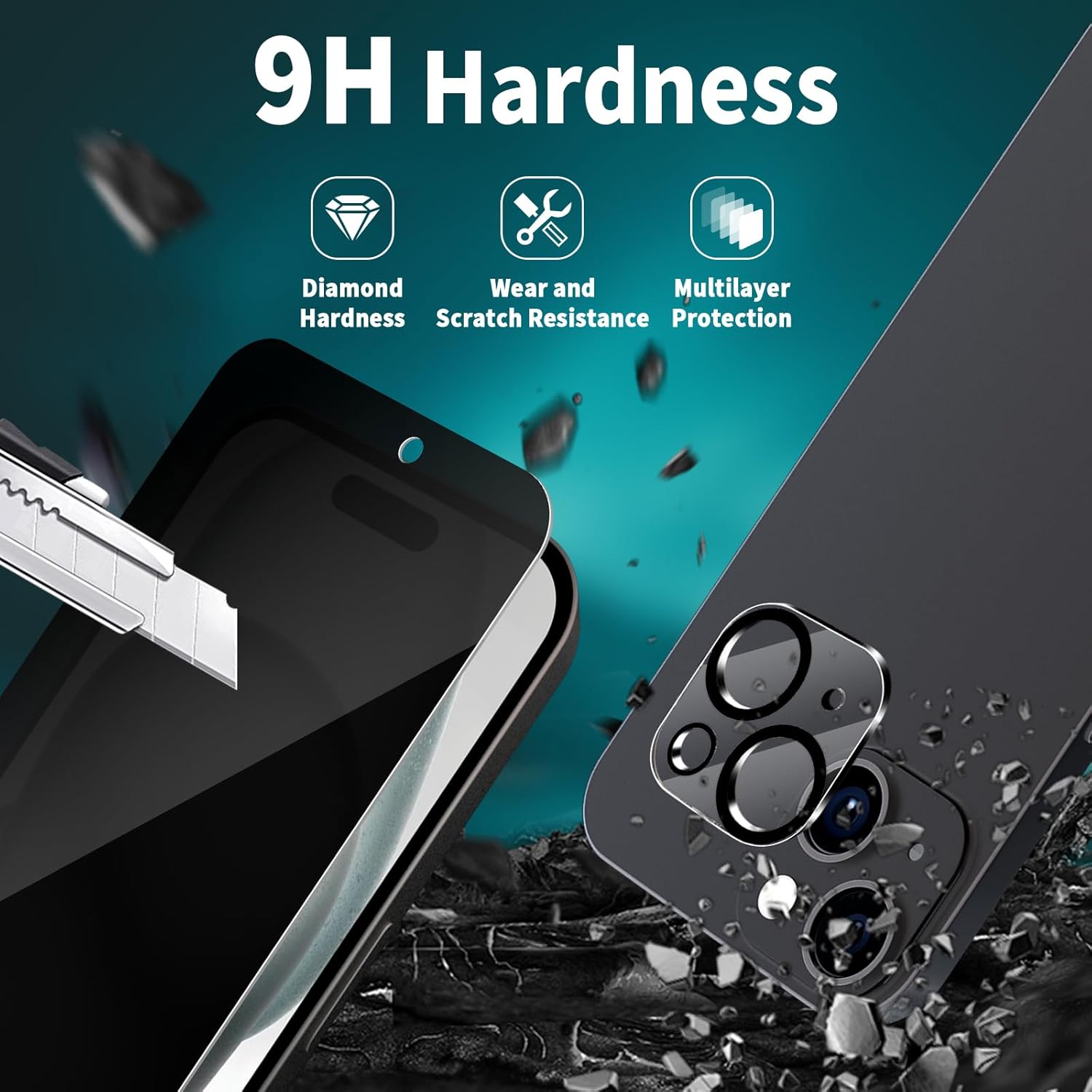 Corefyco Paquete de 2+2 Protector de pantalla de privacidad para iPhone 15 y película para lente de cámara, vidrio templado 9H, anti espía privado,