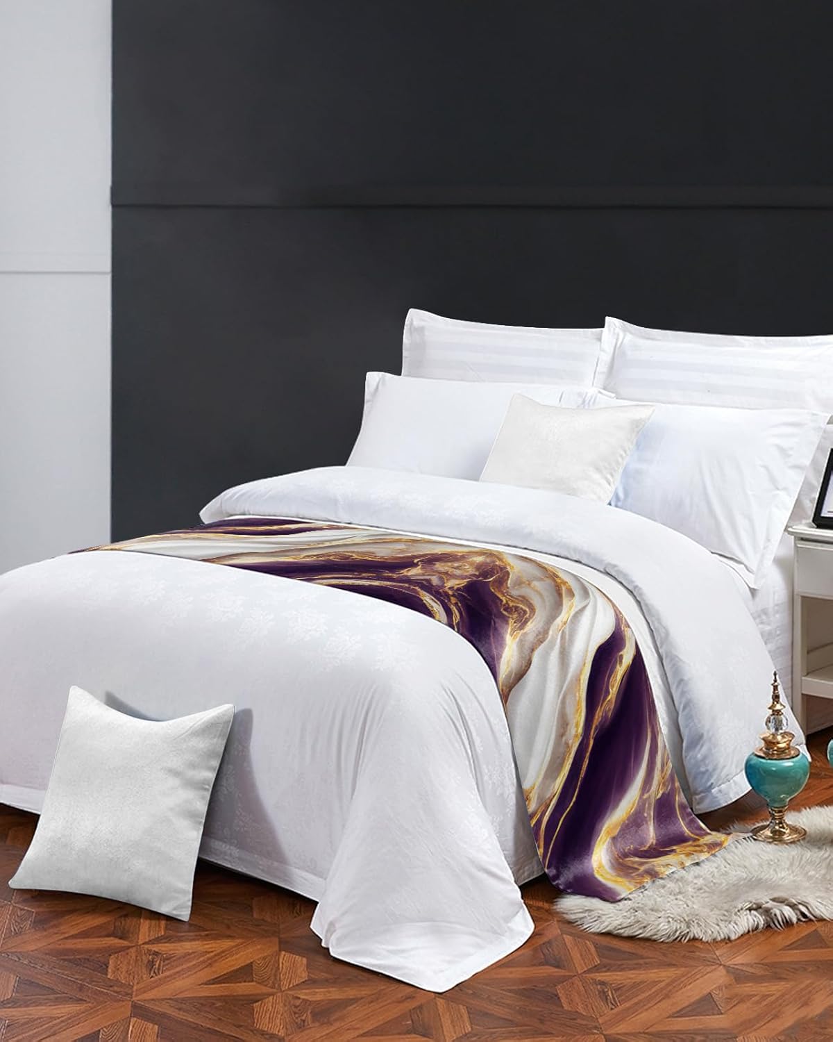Caminos de cama con textura de mármol blanco y dorado morado para dormitorio, hotel, bufandas decorativas, grietas naturales, piedra de granito,