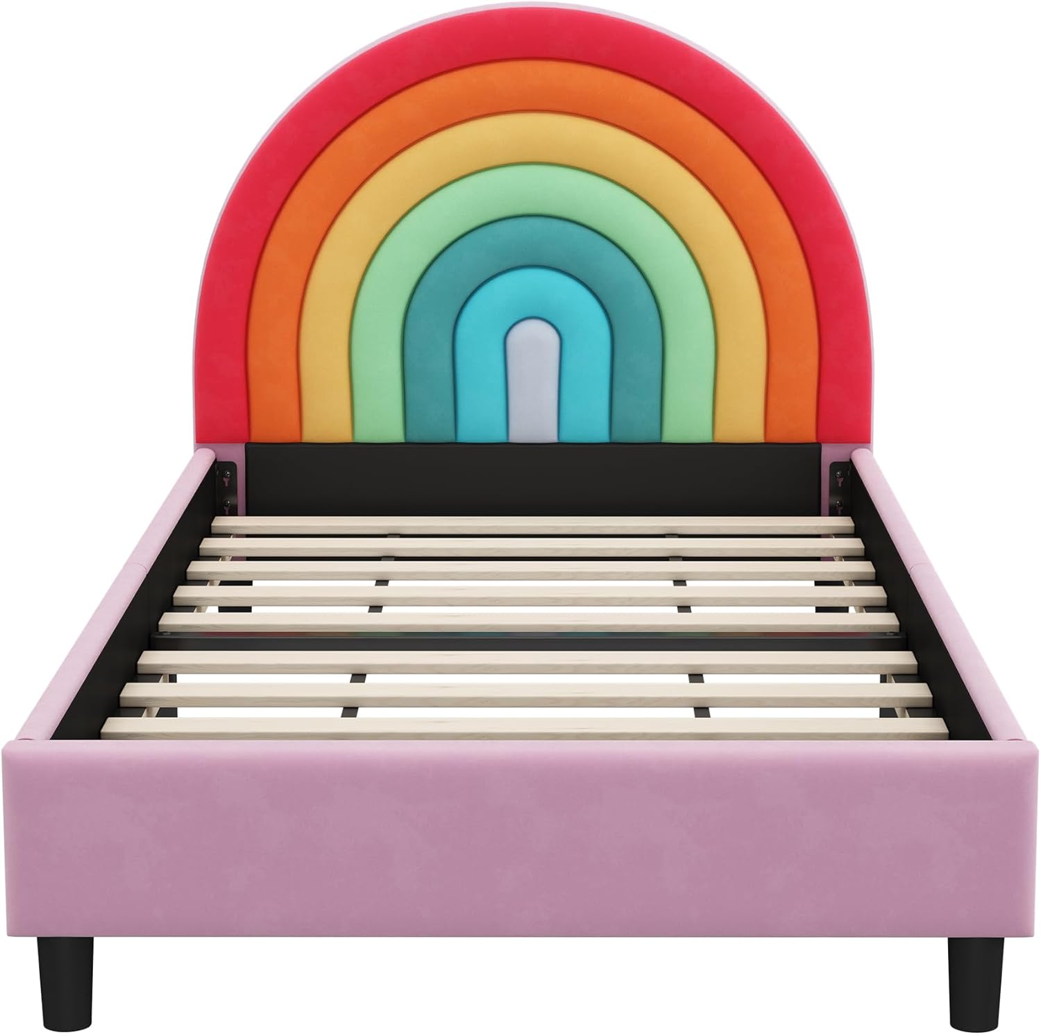 SOFTSEA Marco de cama tamaño individual, marco de cama individual para niños, cama de plataforma tapizada tamaño individual con cabecera arcoíris,