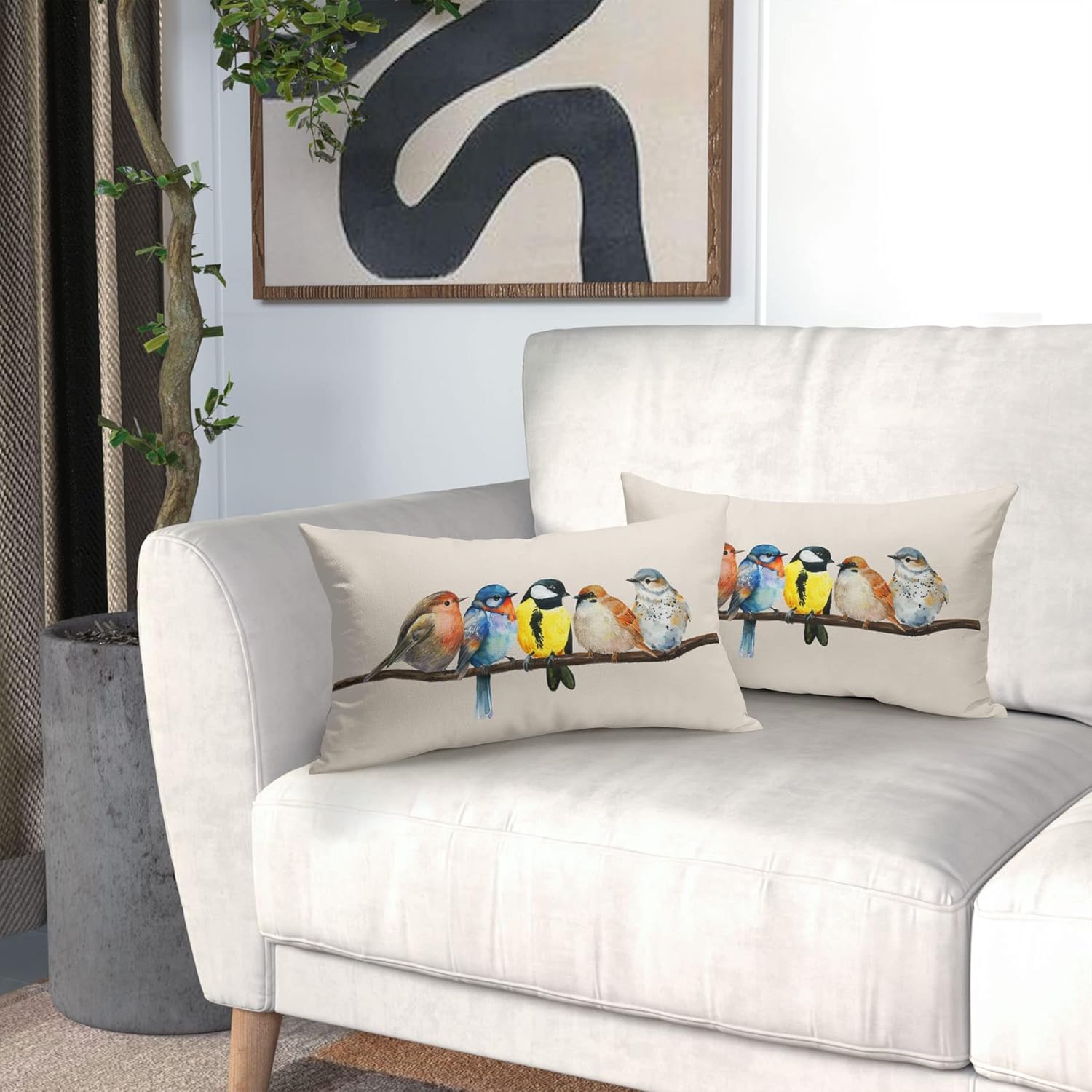 Juego de 2 fundas de almohada lumbares de pájaro pintado al óleo de 12 x 20 pulgadas, diseño rústico de ramas de árbol, fundas de almohada