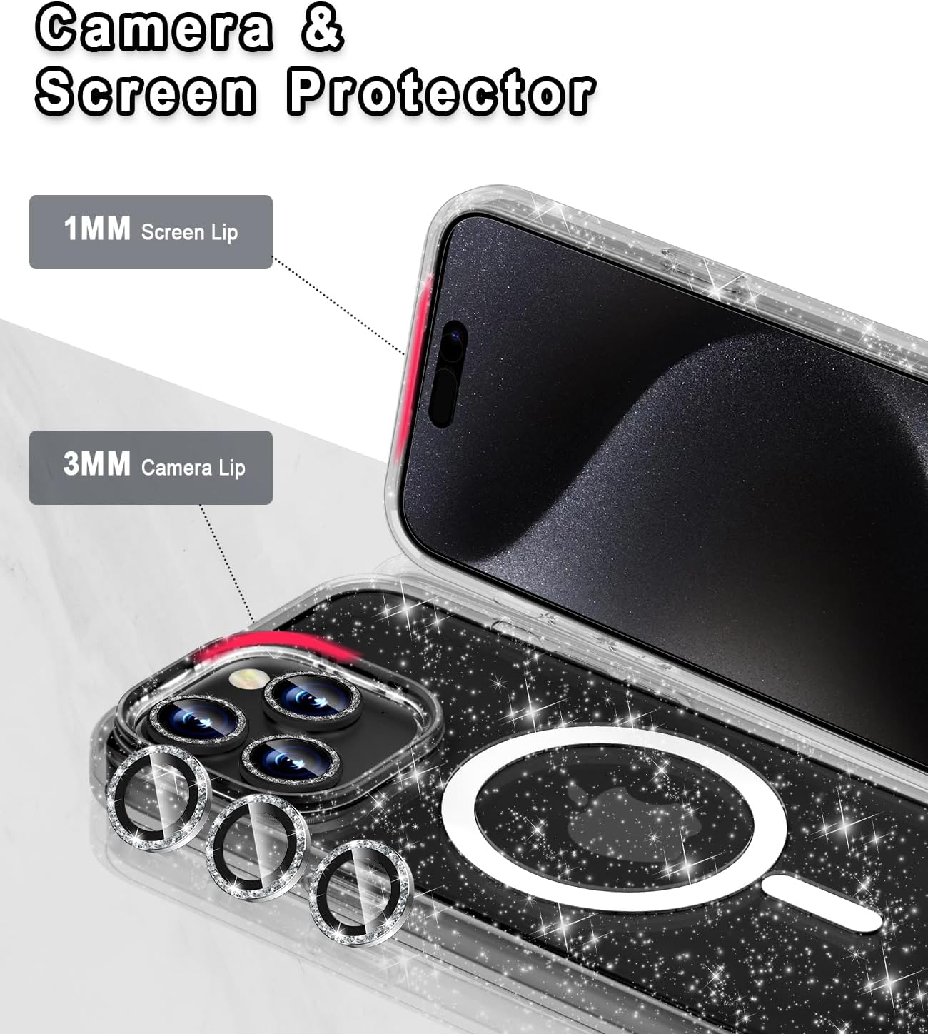 Funda magnética brillante para iPhone 15 Pro Max compatible con MagSafe, 2 protectores de pantalla y 2 protectores de lente de cámara de diamante,