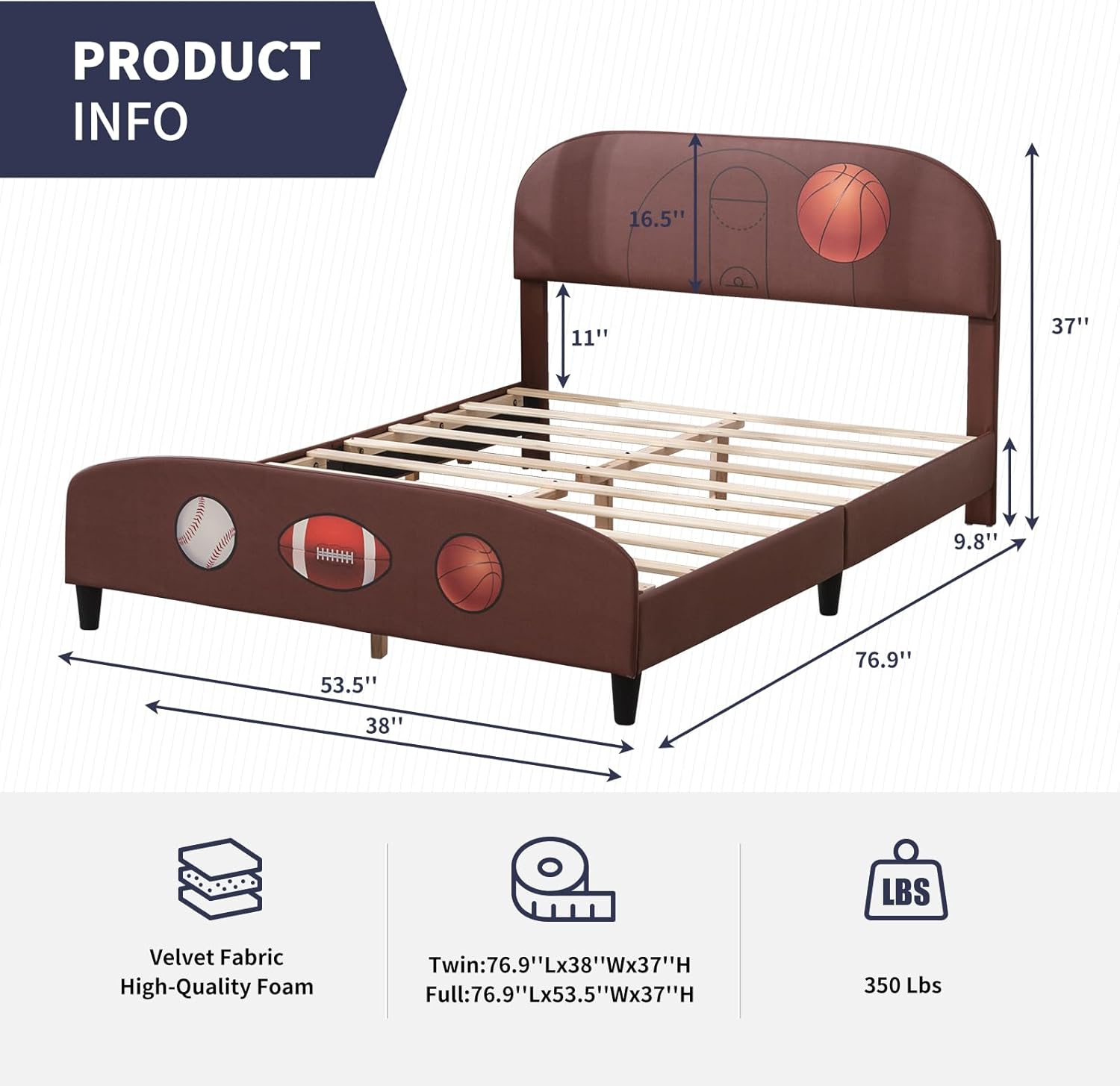 Zafly – Marco de cama matrimonial para niños, marco de cama tapizado de madera con soporte de listones, marco de cama para niños con cabecera