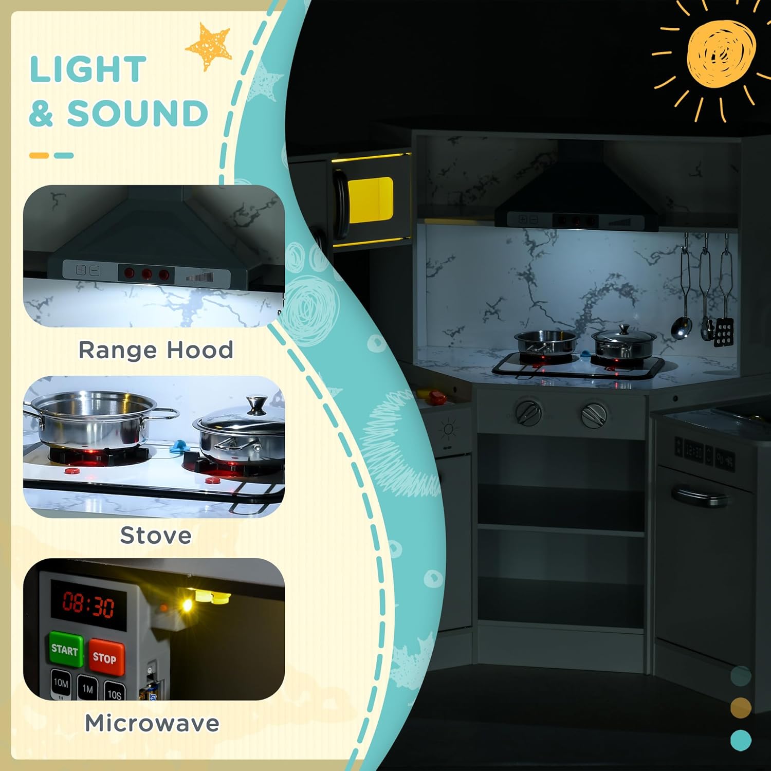 Qaba Juego de cocina de madera para niños pequeños, juguete de simulación para niños con luces, sonidos, delantal y sombrero de chef, máquina de