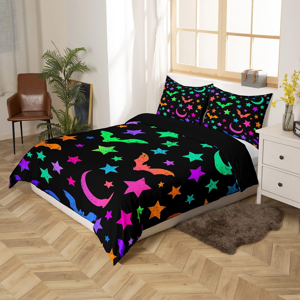 Erosebridal Juego de ropa de cama con diseño de murciélagos y cielo estrellado colorido para niños pequeños, funda de edredón de estrellas