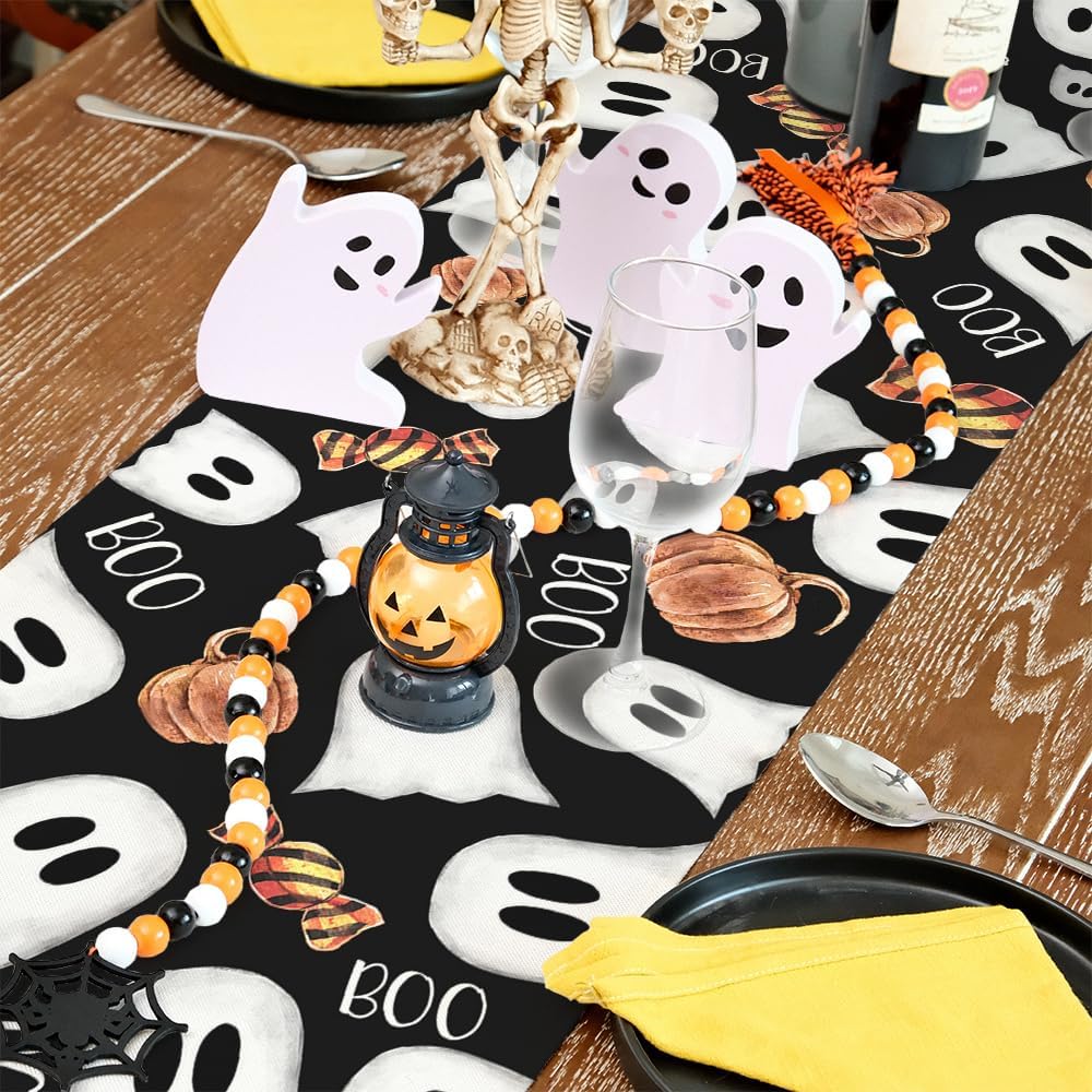 ARKENY Camino de mesa de Halloween de 13 x 120 pulgadas, calabaza espeluznante fantasma Candy Boo, arpillera de temporada para interiores, cocina,