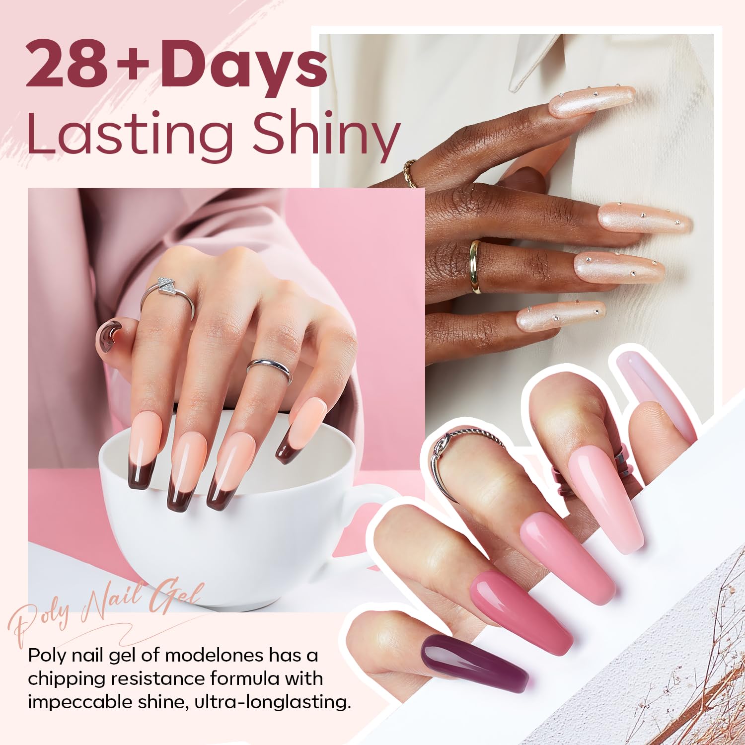 modelones Kit de iniciación de uñas de gel de poligel, 20 colores nude rosa purpurina con lámpara de uñas, kit completo de extensión de uñas,
