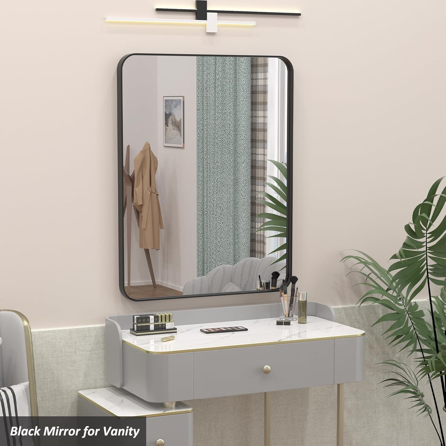 Espejo de baño negro mate de 22 x 30 pulgadas, espejos rectangulares modernos con marco de metal para pared, esquinas redondeadas