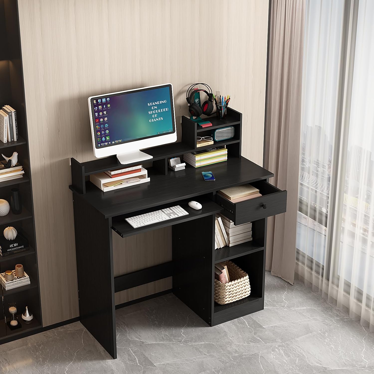 ALISENED Escritorio para computadora con cajón y bandeja para teclado, escritorio de estudio de 39.3 pulgadas con gabinete de escritorio y estantes