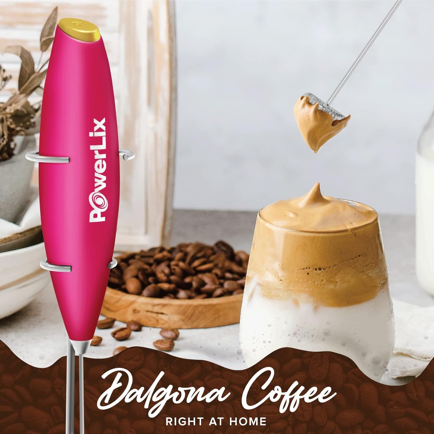 PowerLix – Vaporizador de leche, portátil, funciona con pilas, hace espuma para café, latte, capuchino, chocolate caliente batidor de bebidas