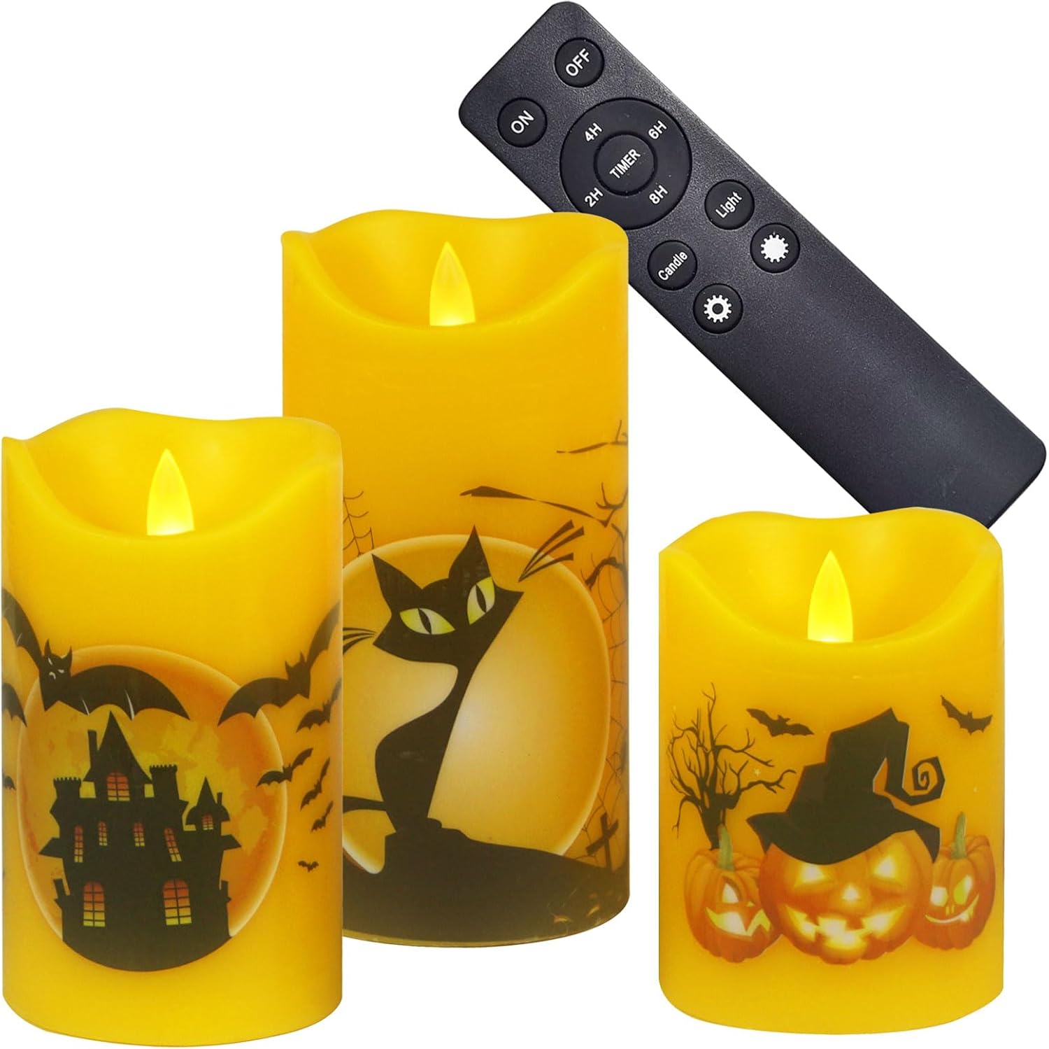 7LinRay Velas parpadeantes sin llama de Halloween con control remoto y temporizador, velas LED de cera real que funcionan con pilas, con calabaza,