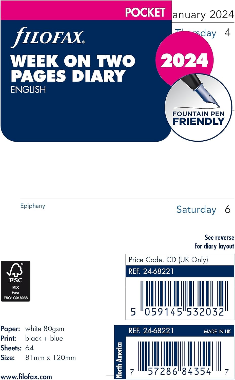 Filofax Recambio de diario de calendario, tamaño de bolsillo, semana a vista, papel blanco, sin rayas, inglés, 2024 (C68221-24)