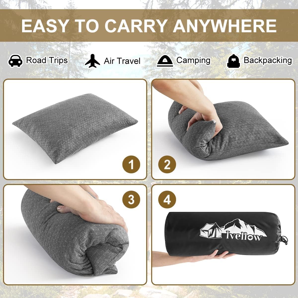 Ivellow Almohada de viaje de espuma viscoelástica comprimible para dormir, almohada de espuma viscoelástica triturada, almohada de viaje compacta y