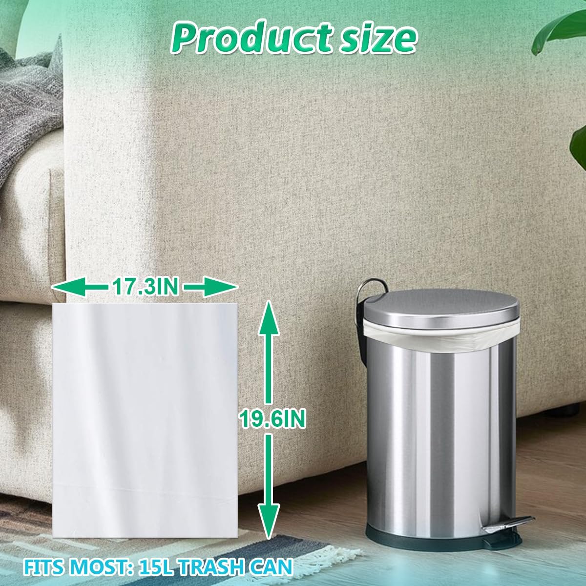 Bolsas de basura blancas para baño de 4 galones, 60 bolsas de basura pequeñas, 15 litros, 17.3 pulgadas x 19.6 pulgadas