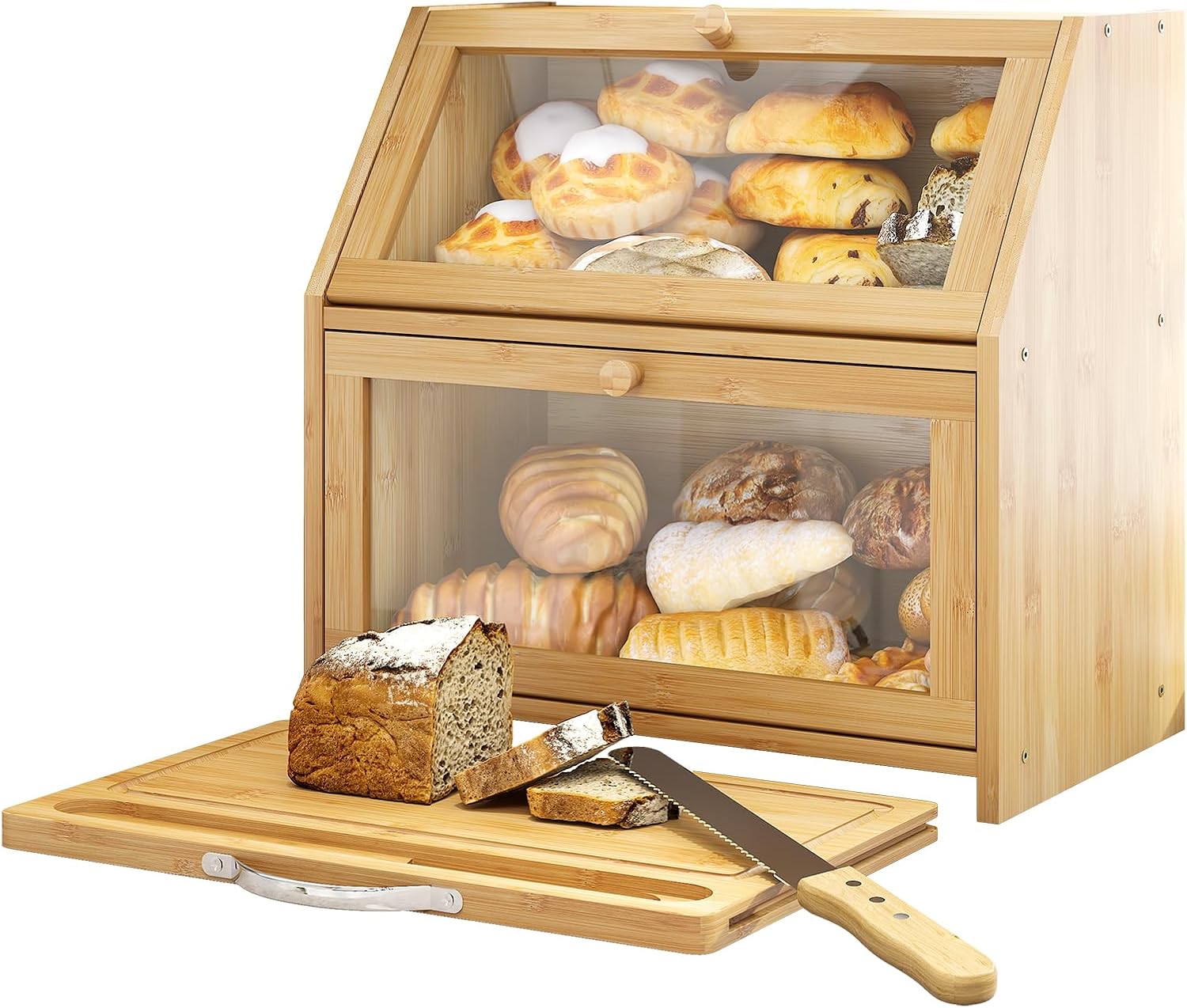 BMOSU Panera con tabla de cortar, almacenamiento y organizador de pan de cocina, encimera de granja, panera doble de madera de bambú de gran