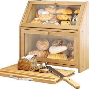 BMOSU Panera con tabla de cortar, almacenamiento y organizador de pan de cocina, encimera de granja, panera doble de madera de bambú de gran BMOSU Panera con tabla de cortar, almacenamiento y organizador de pan de cocina, encimera de granja, panera doble de madera de bambú de gran