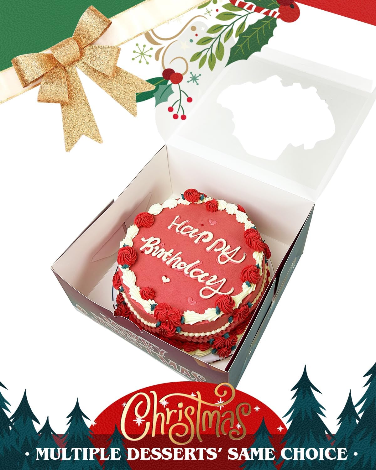qiqee Cajas de pastel de Navidad de 10 x 10 x 5 pulgadas, caja de panadería con ventana, 12 paquetes de cajas de pastelería para Navidad