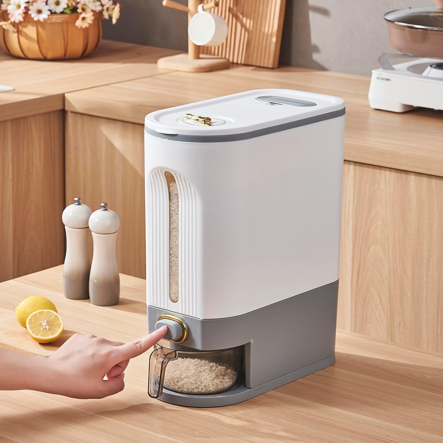 Sooyee Dispensador de arroz de 22 libras, contenedor de grano grande con tapa, cilindro de medición a prueba de humedad, cubo dispensador de