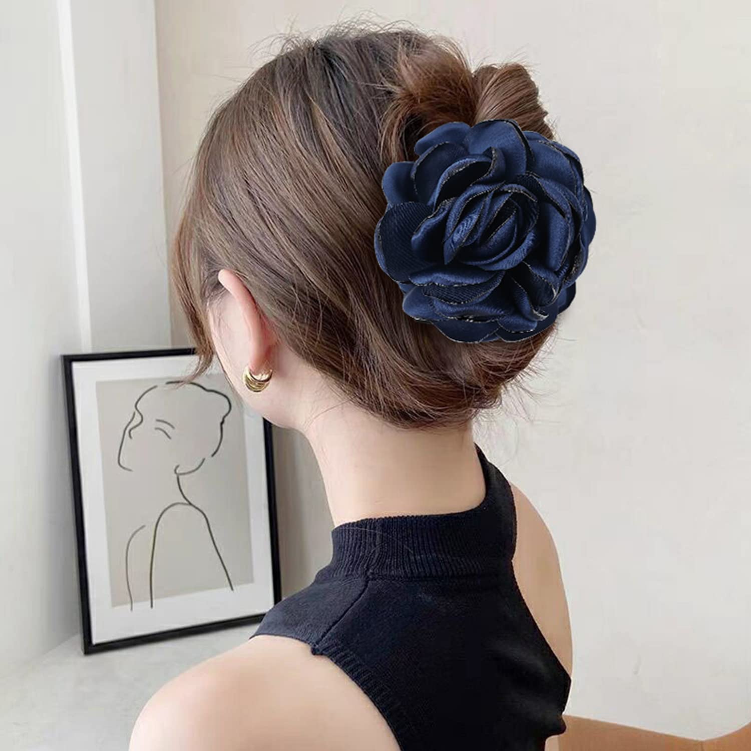 Cinaci Paquete de 4 pinzas de plástico negro para el cabello con rosas grandes y grandes, pinzas para moño, accesorios para mujeres y niñas