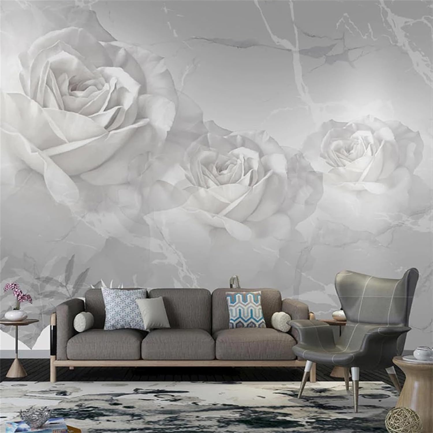 Calcomanías de pared 3D modernas de mármol blanco, calcomanías de pared de rosas, murales de pared extraíbles, decoración de pared para despegar y