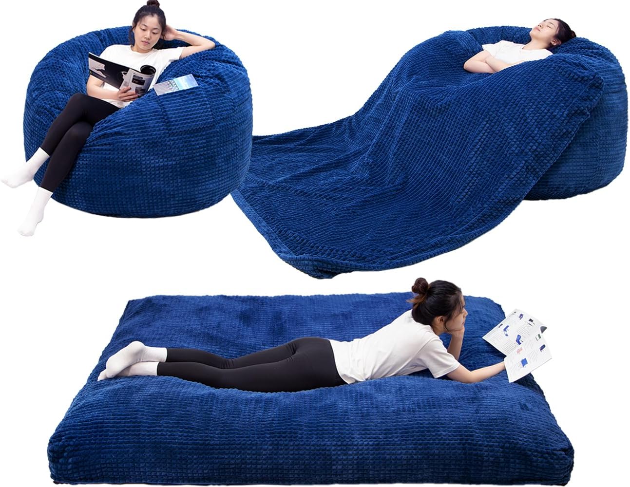 N&V Puf transformable gigante con terciopelo de felpa lavable (azul, matrimonial)