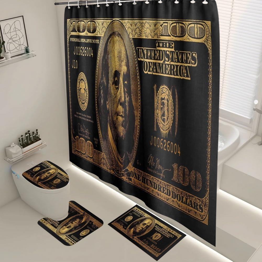 GUBIYU Juego de baño de billetes de 100 dólares de oro negro con cortina de ducha y alfombras de billetes, accesorios de baño geniales 4 piezas