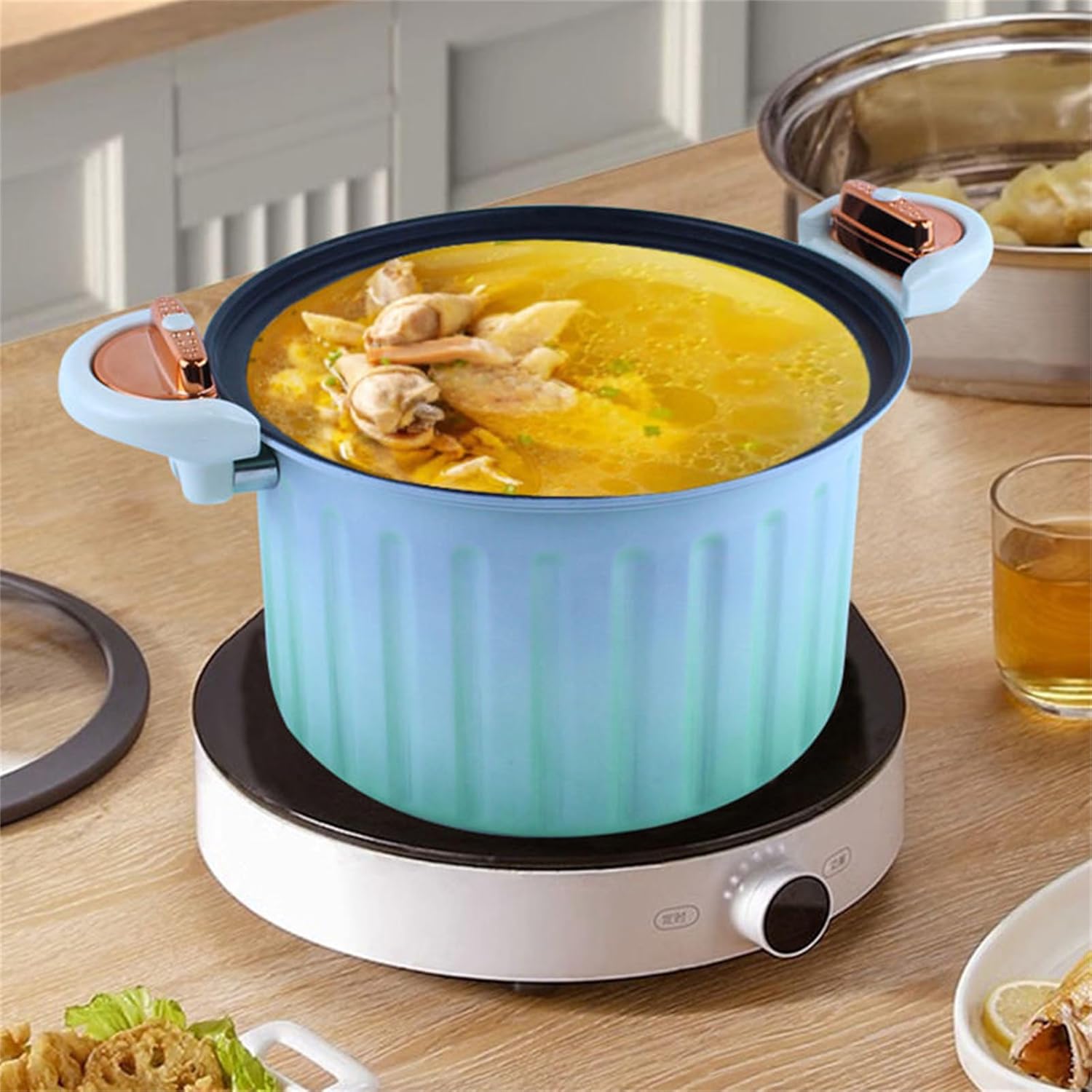 Olla a presión de 8 litros, sartenes micro braiser, olla de presión antiadherente con revestimiento de esmalte, con tapa, sello de silicona, válvula