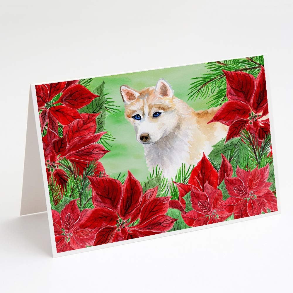 Caroline’s Treasures CK1303GCA7P Siberian Husky Poinsettas Greeting Cards and Envelopes Pack of 8 Blank Cards with Envelopes Whimsical A7 Size 5×7