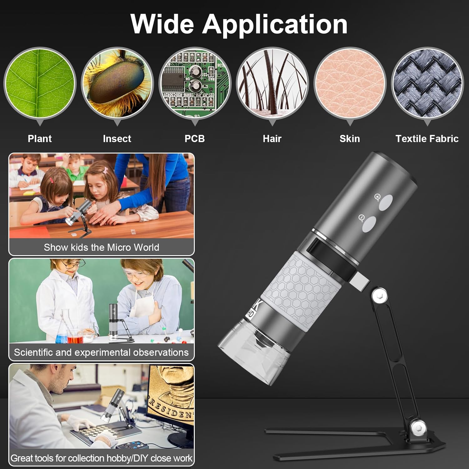 Bysameyee Microscopio digital inalámbrico 4K HD Microscopio Wi-Fi Cámara Lupa digital compatible con iPhone, teléfonos Android y PC (negro)