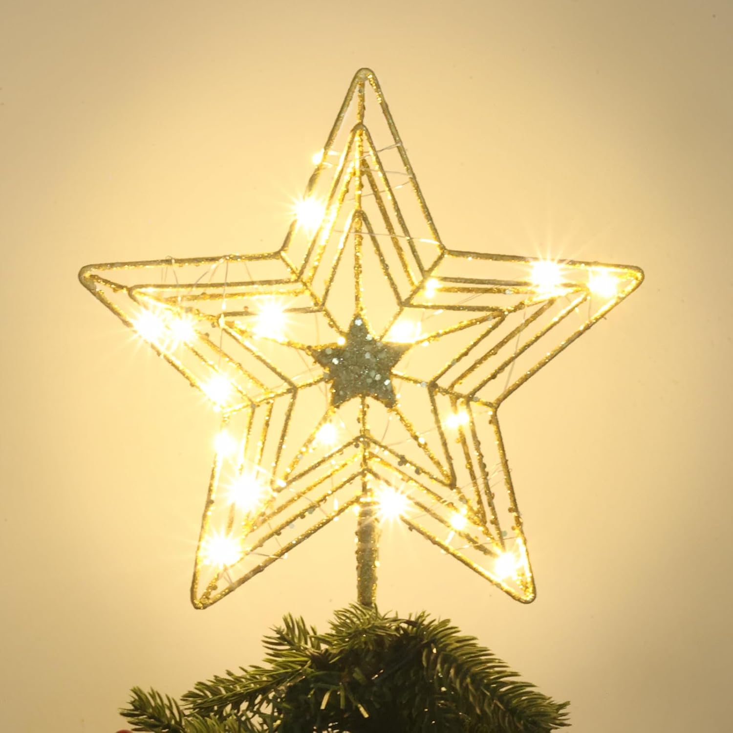 Decoración para árbol de Navidad, estrella dorada de hogardeck para decoración de Navidad, 20 luces LED con purpurina para decoración de árbol de