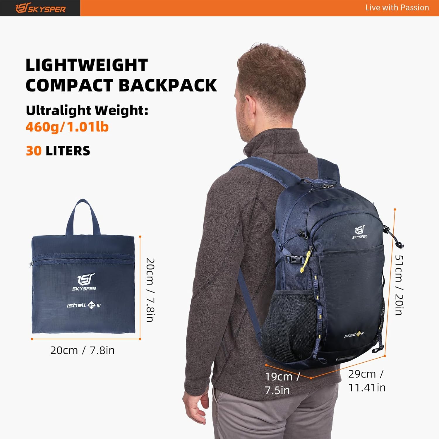 SKYSPER Mochila de senderismo de 30 L, ligera, plegable, mochila de viaje impermeable para mujeres y hombres (azul marino)