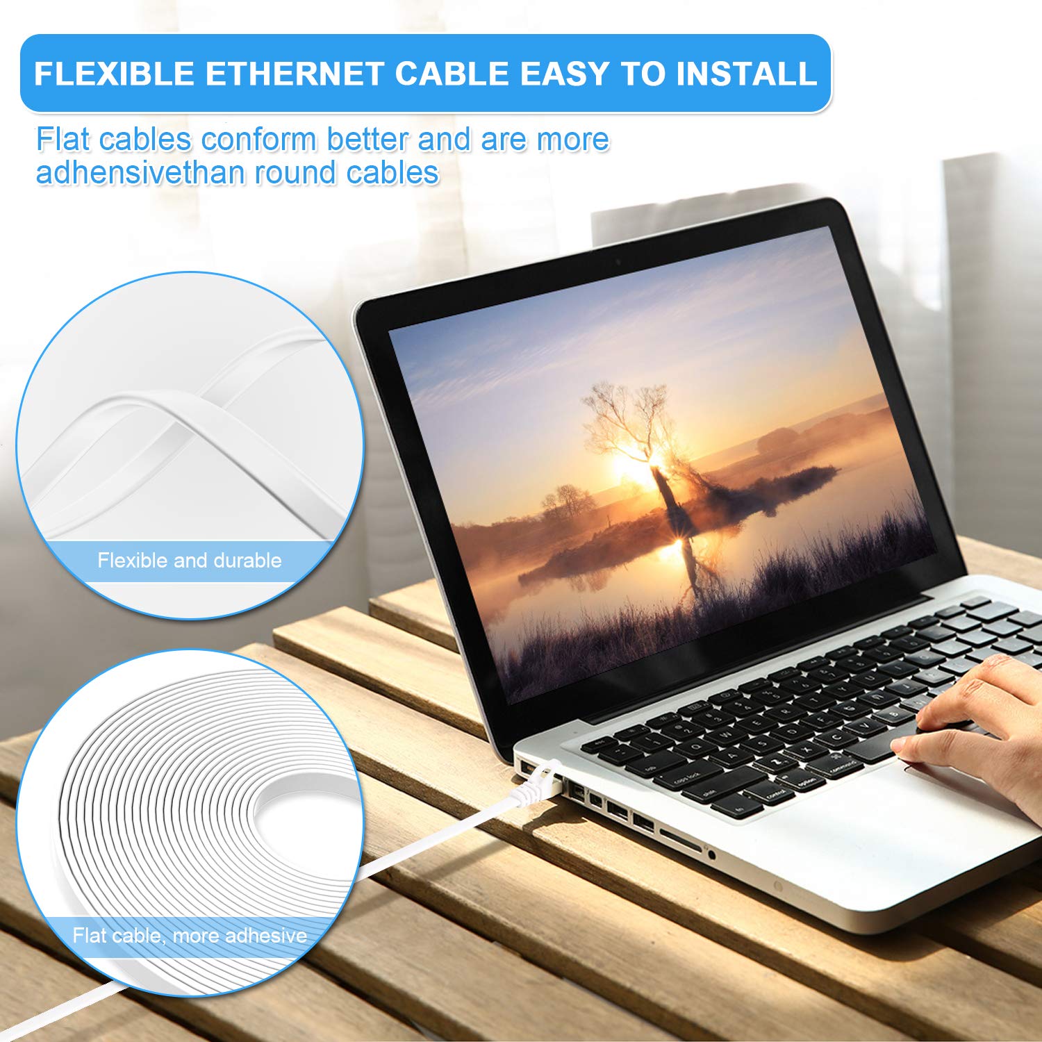 Cable Ethernet Cat 7 de 50 pies, color blanco, cable de conexión de red de Internet plano sólido blindado, más rápido que Cat5ecat6, cable LAN RJ45