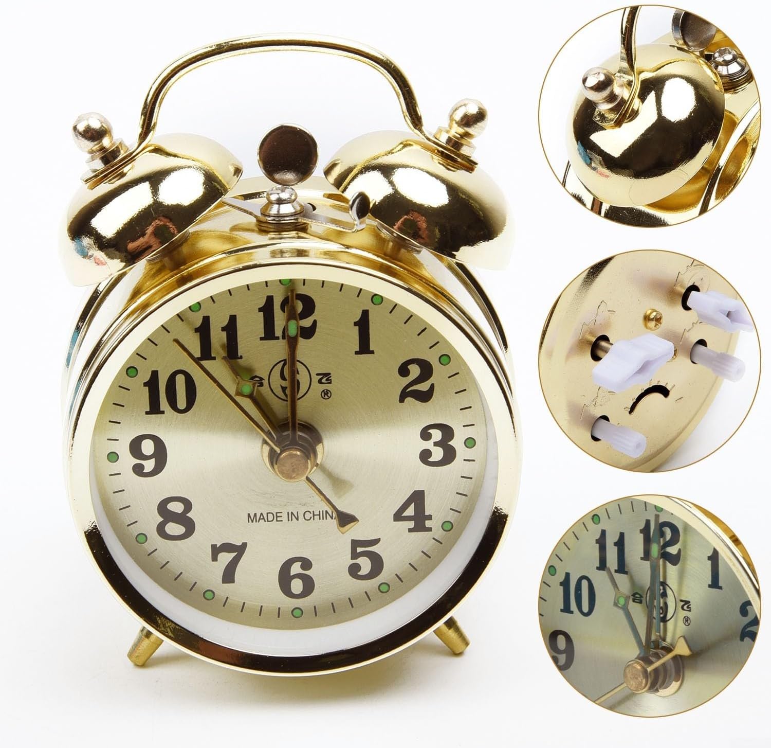 Reloj despertador de doble campana de 2.8 in para durmientes pesados, reloj despertador mecánico dorado de herradura, cuerda manual, reloj de metal