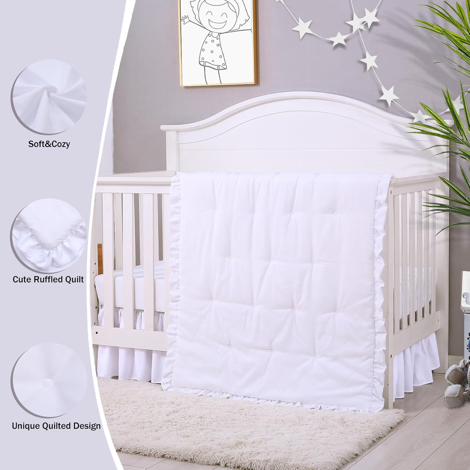 Cloele Juego de ropa de cama para cuna de bebé de 3 piezas, juego acolchado con volantes sólidos que incluye edredón, sábana bajera para niños y