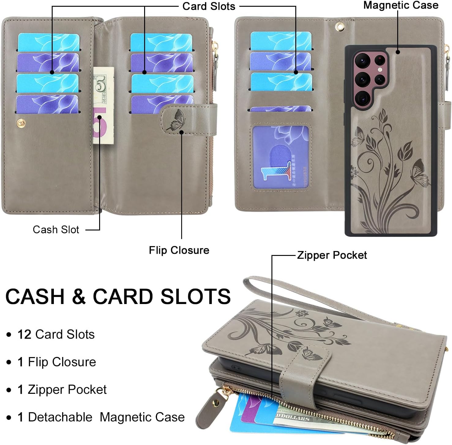 Lacass Funda para Samsung Galaxy S22 Ultra 12 ranuras para tarjetas Soporte para dinero en efectivo para tarjetas de identificación, bolsillo con