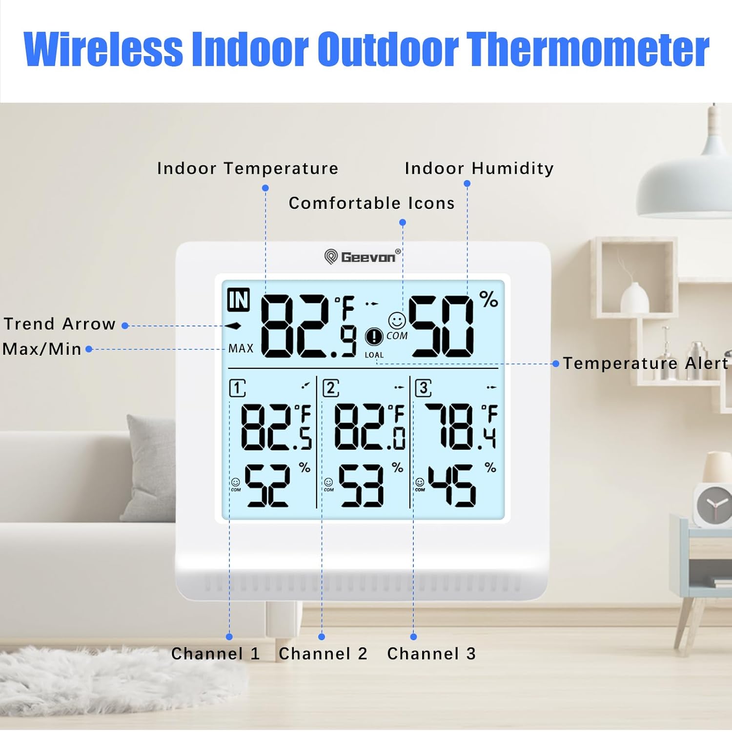 Geevon Termómetro inalámbrico para interiores y exteriores con 3 sensores remotos, termómetro higrómetro digital, medidor de temperatura y monitor