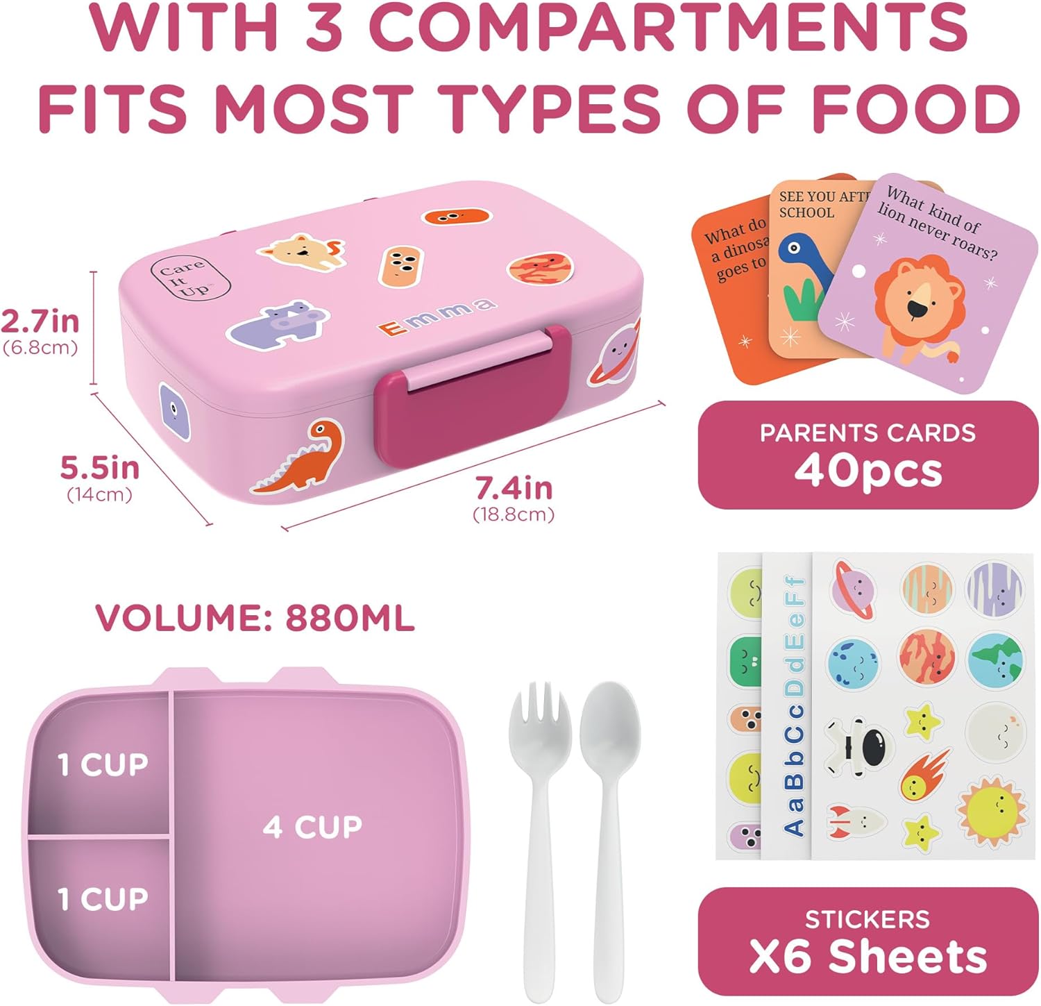 Lonchera Bento para niños y niñas con juego de cubiertos, hojas de calcomanías (más de 5 años), caja de almuerzo de 3 compartimentos a prueba de