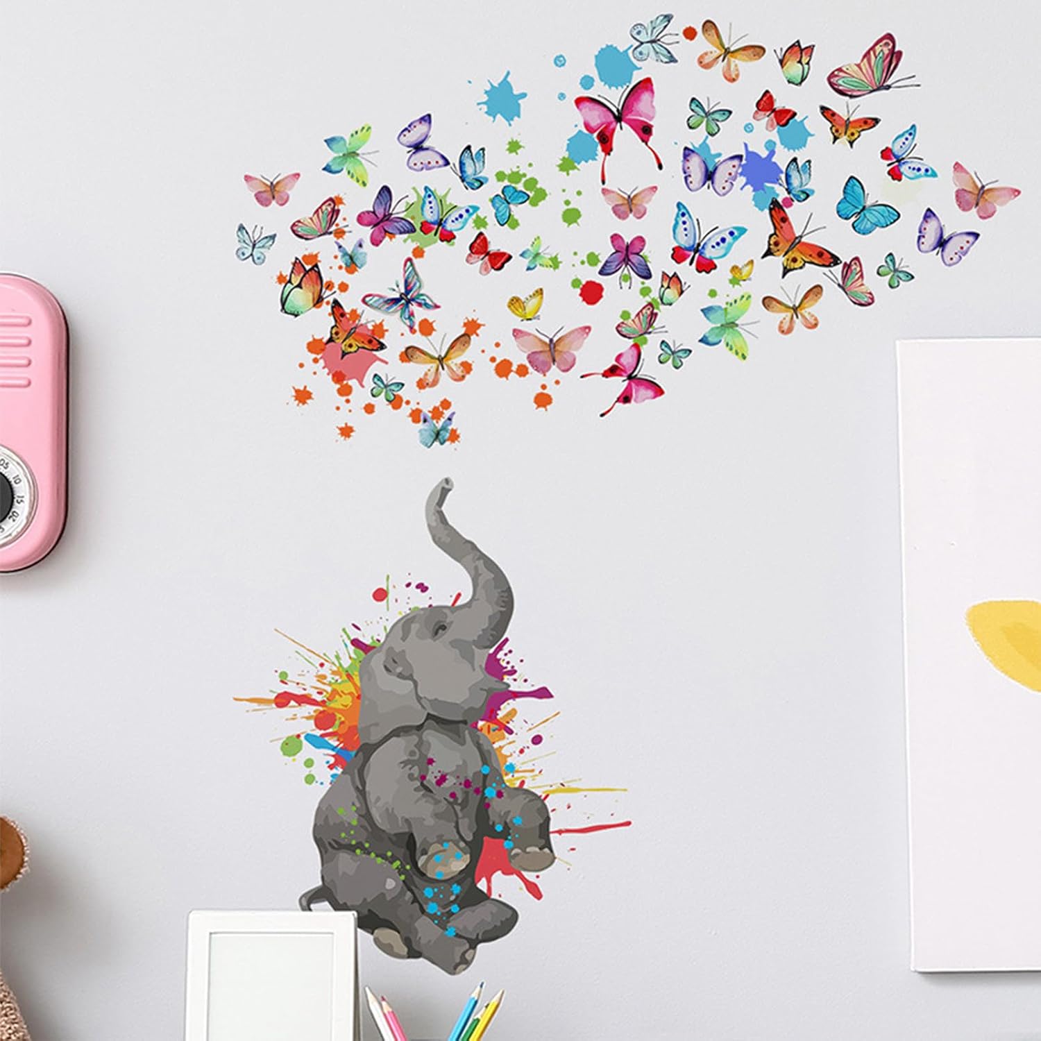 ACEZIYAN Pegatinas de elefante pintado de dibujos animados Pegatinas de pared de mariposa Pegatina de pared colorida Decoración del hogar Sin